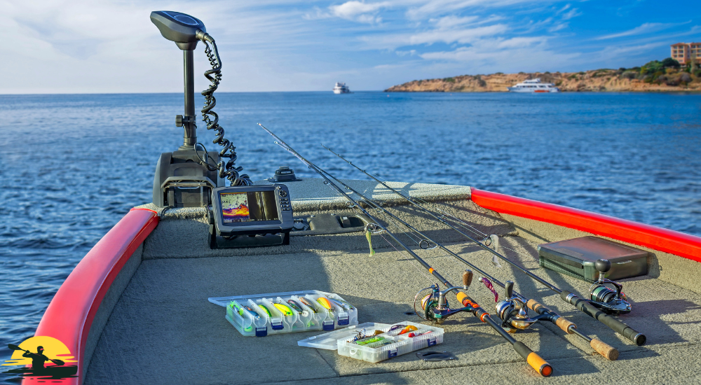 Fishfinder and some fishing hooks on the boat