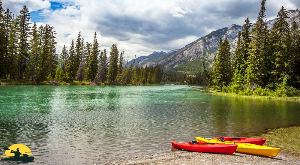 some kayaks in a beautiful place