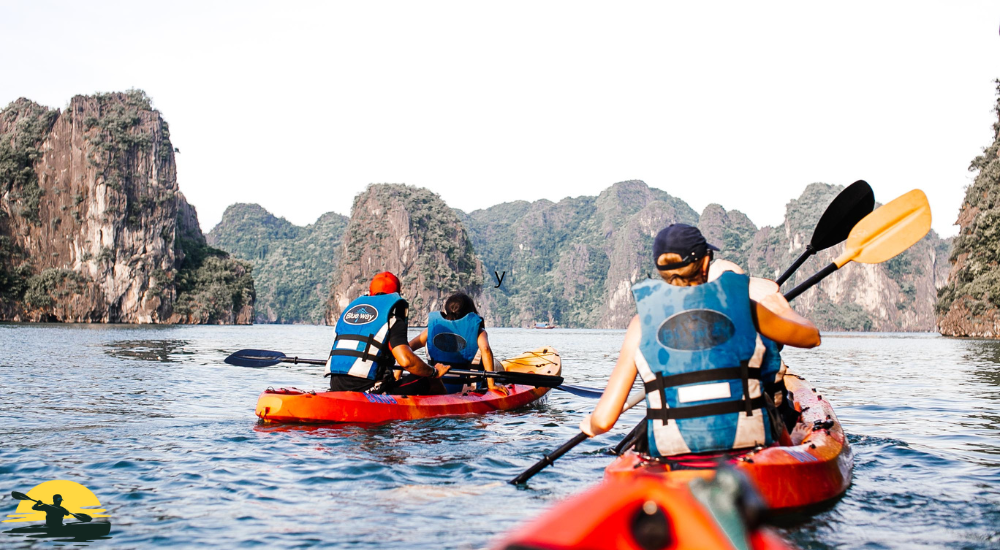 Friends are kayaking together