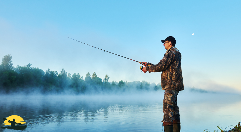 A man is fishing in a lake