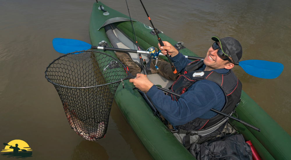 A man is fishing on a kayak