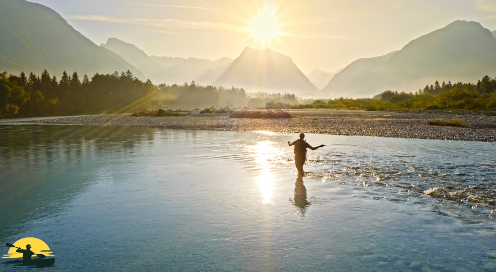 A man is fishing in a lake