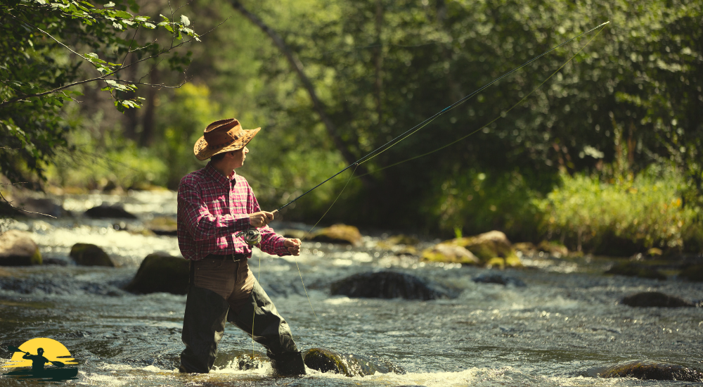 A man is fishing in a lake